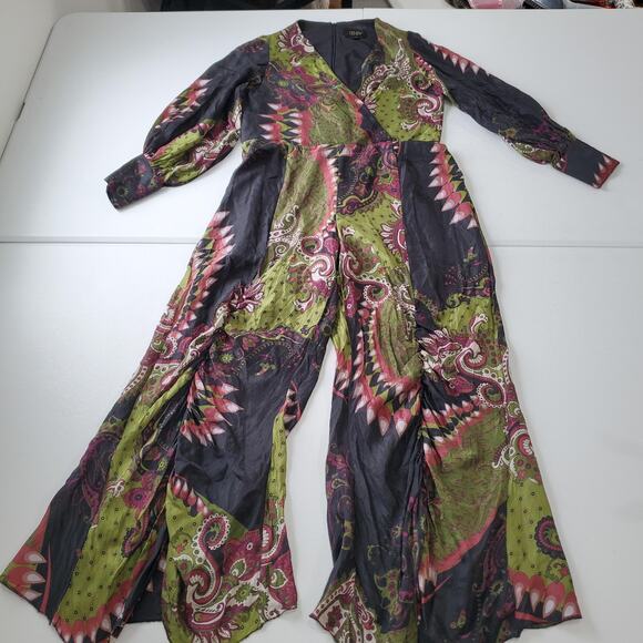 Cenia New York Jumpsuit Womens 10 Green Black Silk Paisley Wide Leg Fairy Whimsy - Picture 1 of 12